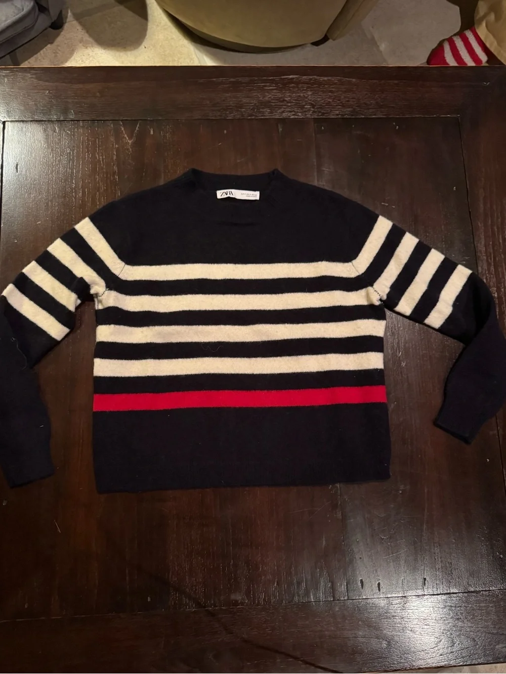 Zara Women’s Navy Striped Crewneck Sweater with Red and White stripes
